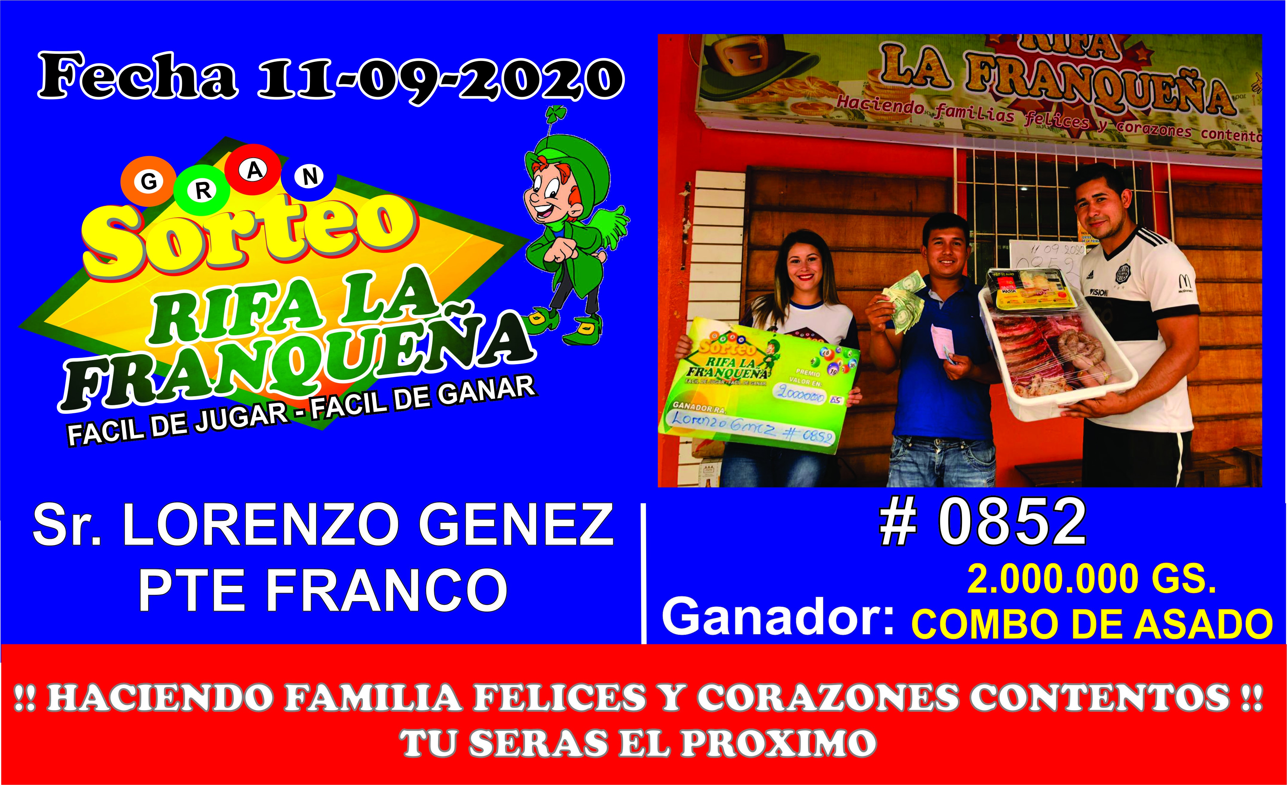 aquí le presentamos al ganador de los 2.000.0000 Gs mas el combo de asado el SEÑOr LORENZO GENEZcon el # 0852 que esperas tu serás el Próximo ganador haciendo Familia felices y corazones contento 🍀💎