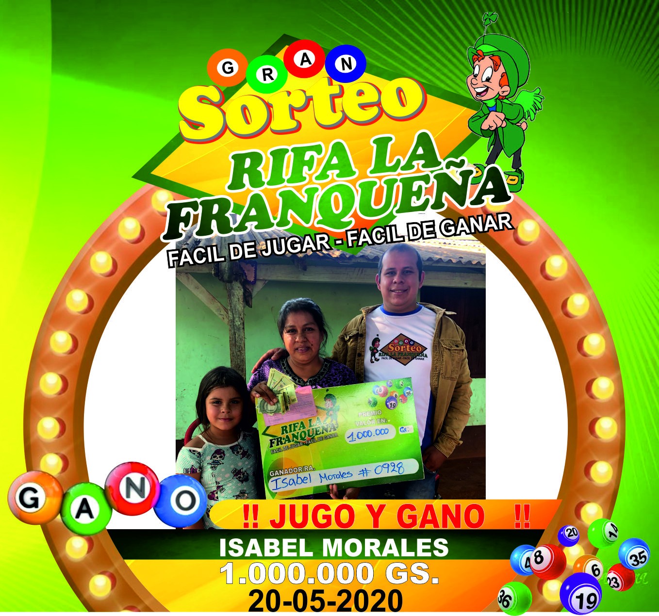 FELICITACIONES JUGO Y GANO LA SEÑORA ISABEL MORALES  SE GANAN TREMENDO PREMIO DE 1.000.000 GS. ELA ESTA UBICADO EN EN KM 8 MONDAY BARRIO SANTO DOMINGO  MUCHAS GRACIAS POR SU CONFIANZA UNA VEZ MÁS HACIENDO FAMILIA FELICES Y CORAZONES CONTENTOS 20-05-2020